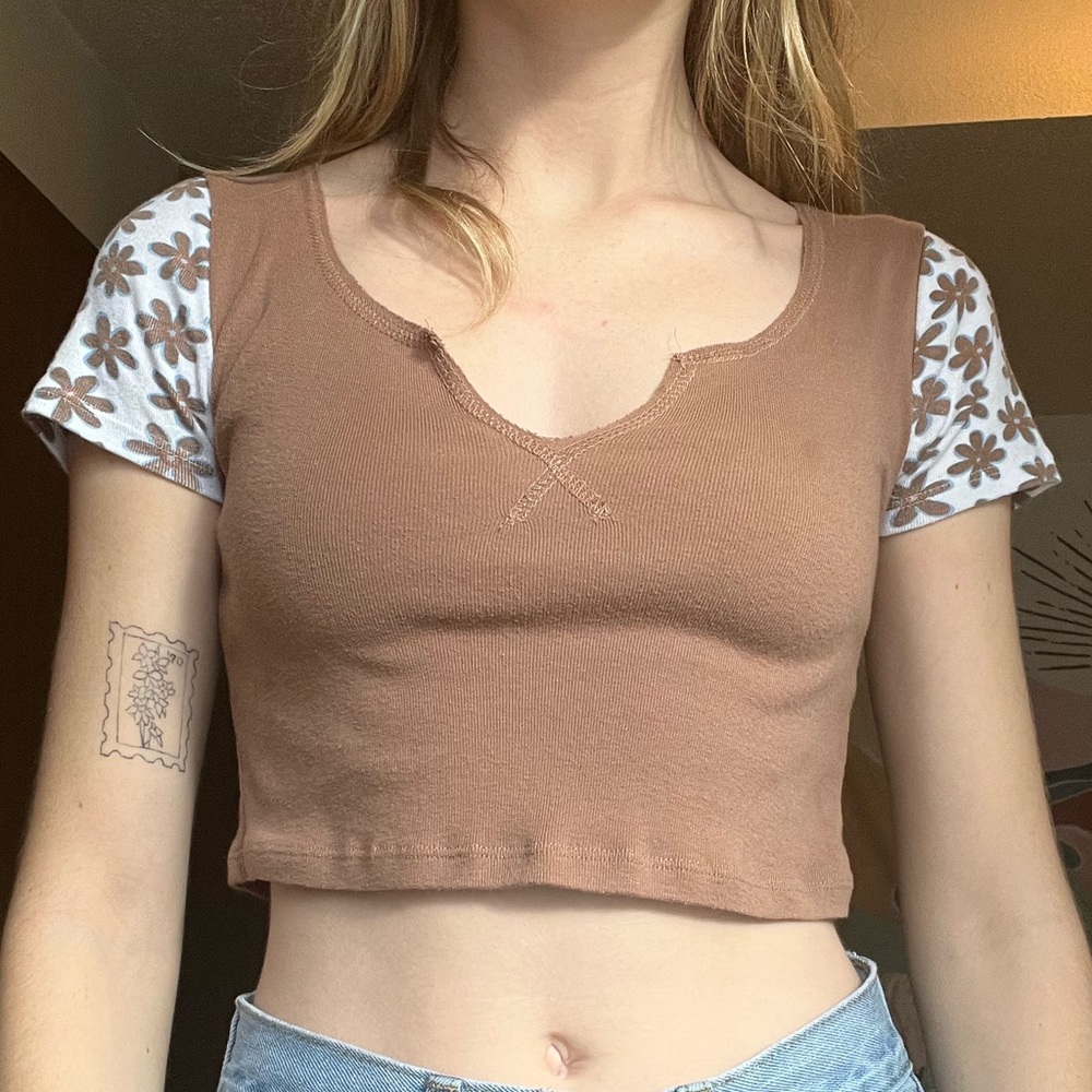 Brown Short Sleeve Top with Floral Sleeves